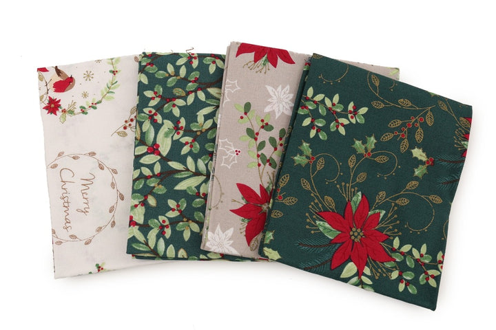 Traditional Poinsettia Christmas cotton fat quarter bundle of 4 quilting fabrics.