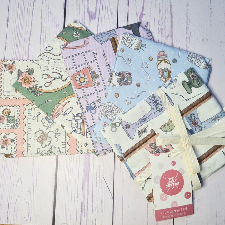 Seamstress Studio - sewing theme cotton quilting fabrics 5 fat quarter bundle.