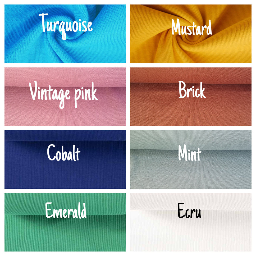 Tubular jersey ribbing knit cotton Oeko-Tex fabric. Ribbed cuffing, waistbands per metre