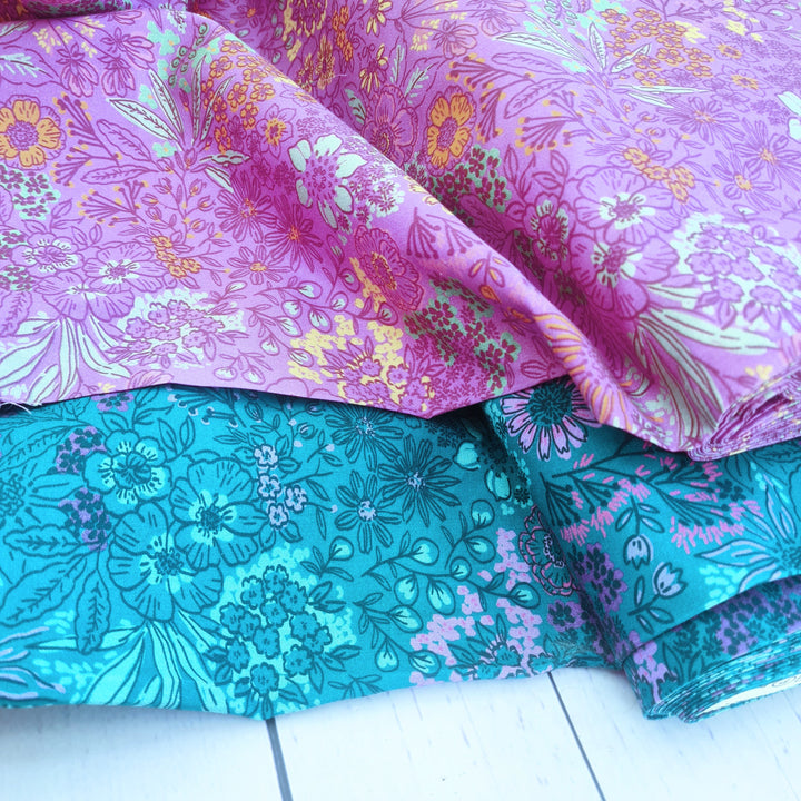 Fine Poplin Digital Flowers Floral dressmaking fabric by Poppy. Pink and petrol blue, Per 1/2m