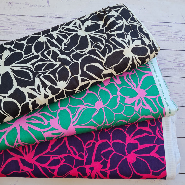 100% Cotton Satin Floral Magnolia Nerida Hansen - Dark Purple and Dark green per 1/2m