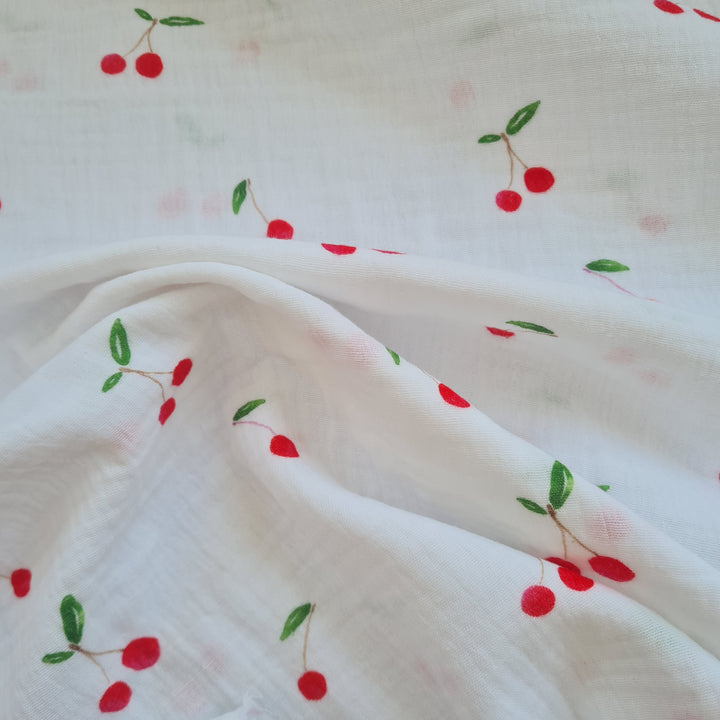 Cherry on white double gauze 100% cotton muslin fabric 85cm roll end