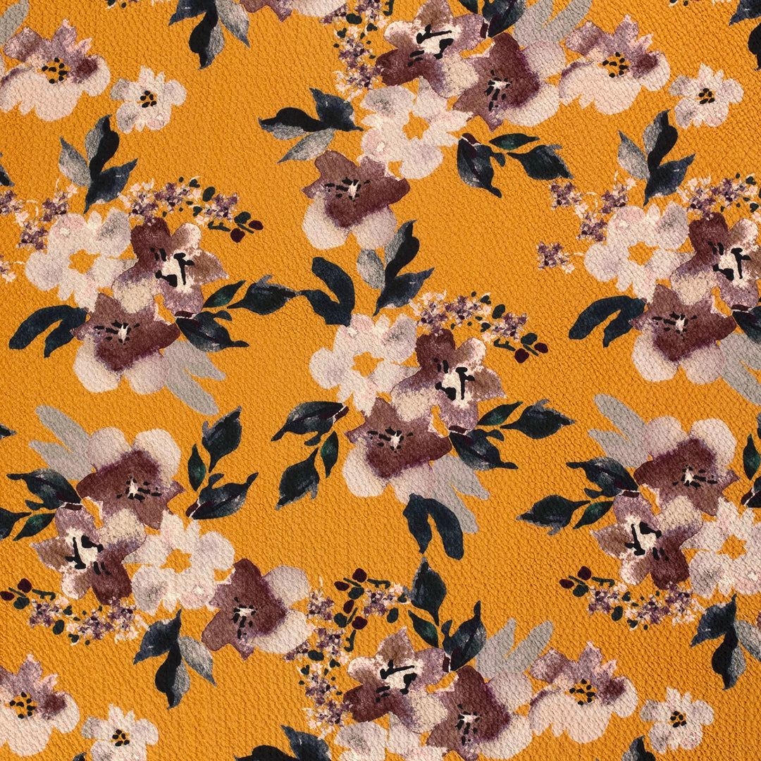 Stretch floral viscose seeksucker crepe fabric 1% Elastane. Ochre 1/2m