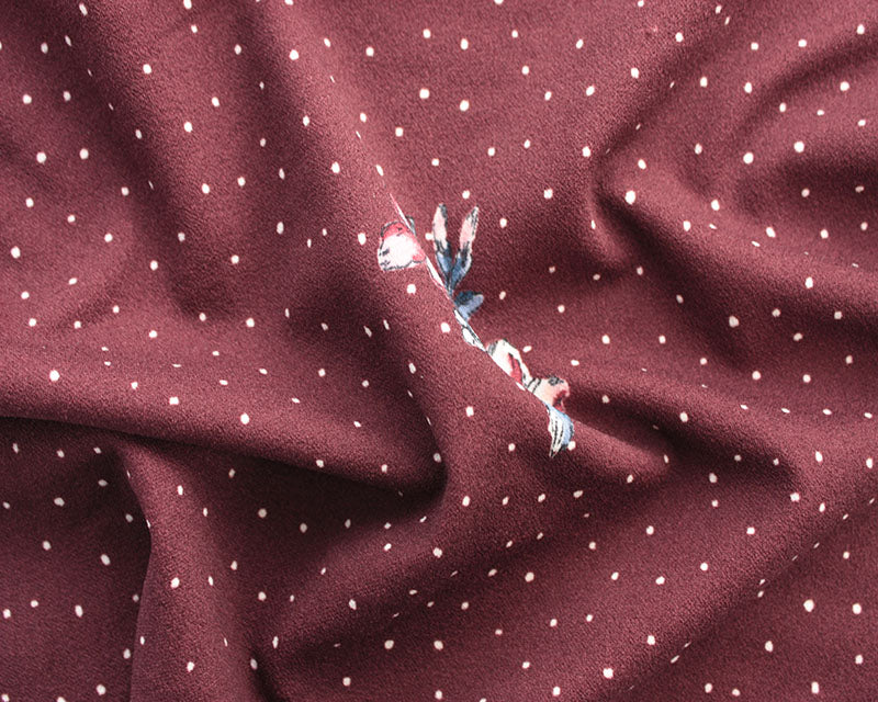 Wine Floral Pin Spot Crêpe Stretch knit Scuba dress fabric by the half metre.