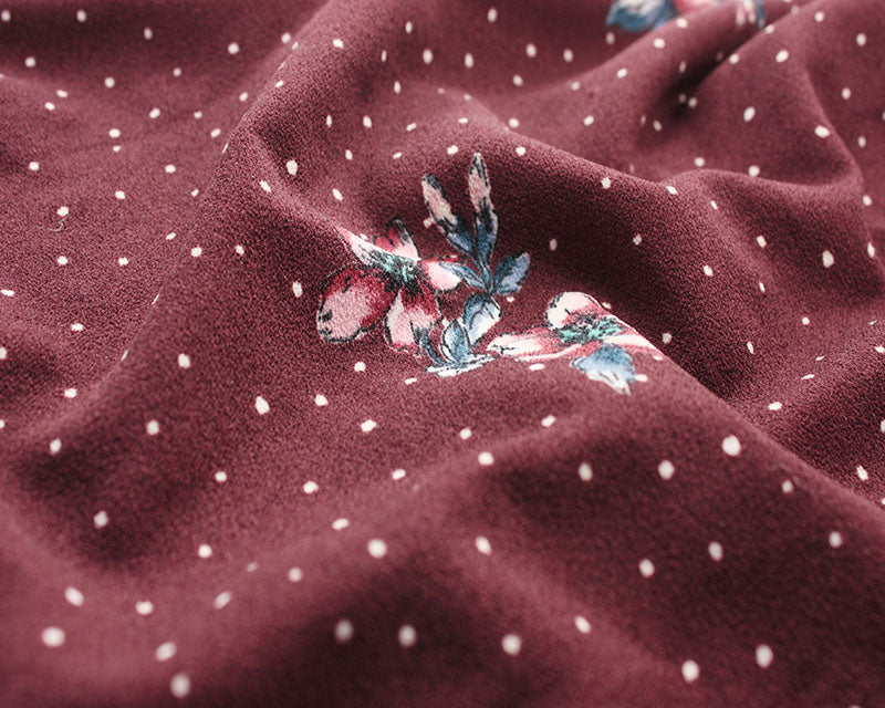 Wine Floral Pin Spot Crêpe Stretch knit Scuba dress fabric by the half metre.