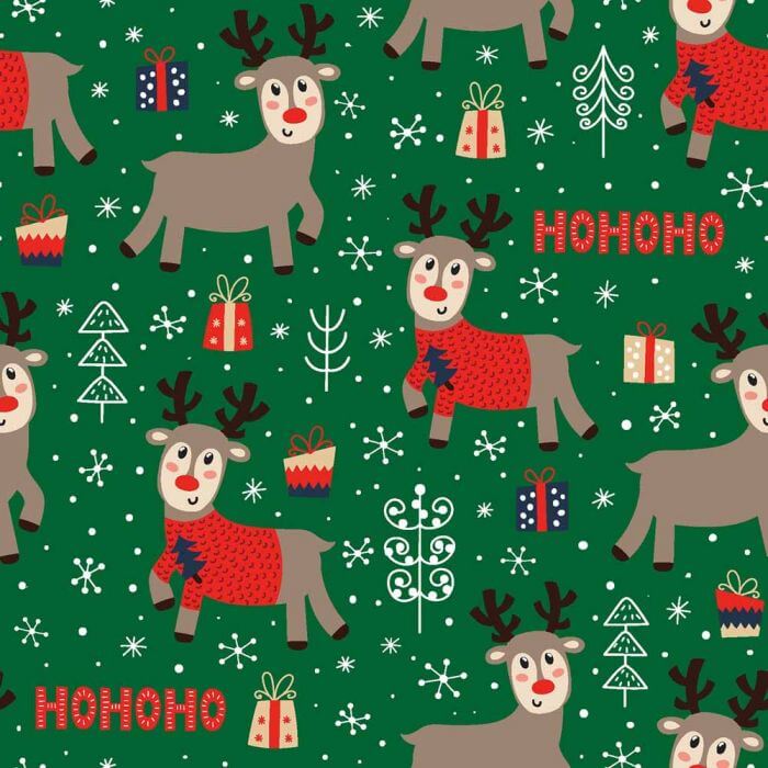 Green Ho Ho Ho Reindeer Christmas cotton jersey knit T-shirt, Oeko-tex fabric. By the half metre.