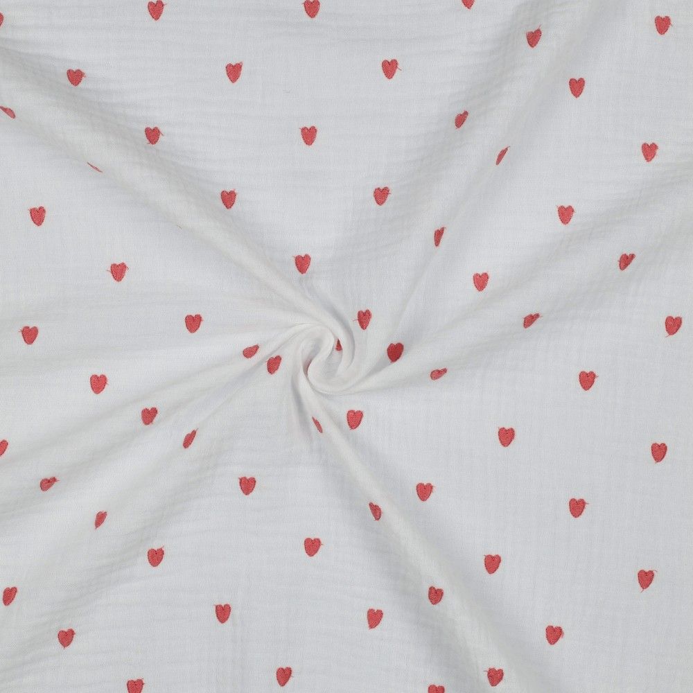 Embroidered Heart Cotton Double Gauze Muslin dress fabric by Poppy. x half metre.