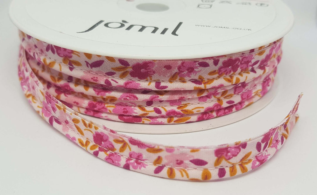 Patterned flanged 10mm wide piping cord trim 2 mm. Floral and polkadot trim. Per Metre