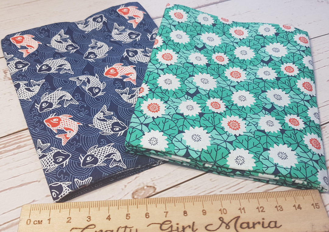 Kyoto Blossom entire range by the fat quarter. Stuart Hillard. Blues, greens, floral, Japanese inspired.