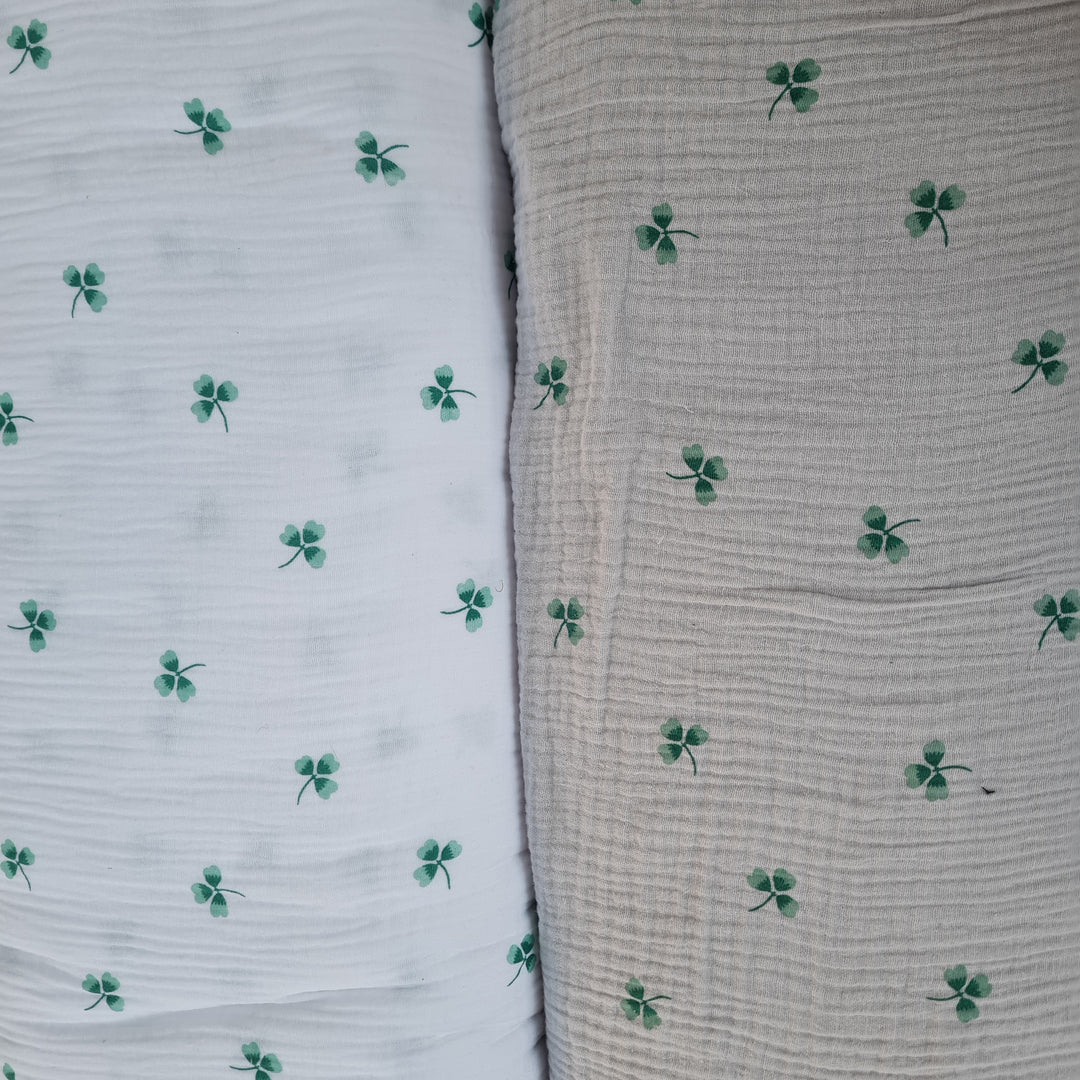 Lucky Clover Cotton Double Gauze Muslin dress fabric by the half metre.