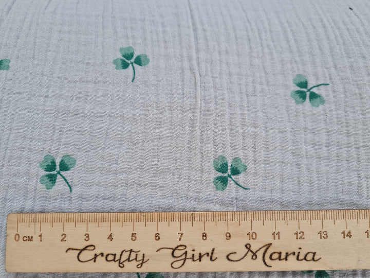 Lucky Clover Cotton Double Gauze Muslin dress fabric by the half metre.