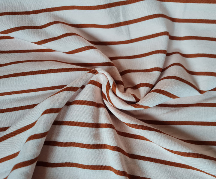 Yarn Dyed French Terry Stripe - powder/brick stretch cotton dressmaking fabric.