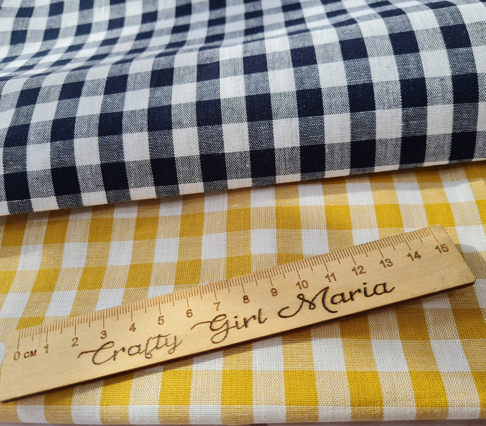 Premium quality 1/4 in Gingham Check Summer cotton fabric. Navy, ochre.