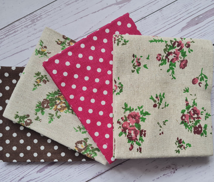 Linen mix vintage look floral, polkadot spot red natural fabrics fat quarter bundle of 4 fabrics. Crafts, patchwork.