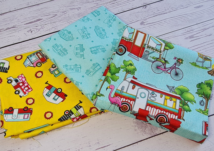 Roaming Holiday By Studio E. Campervan, caravan, camping quilting cotton.