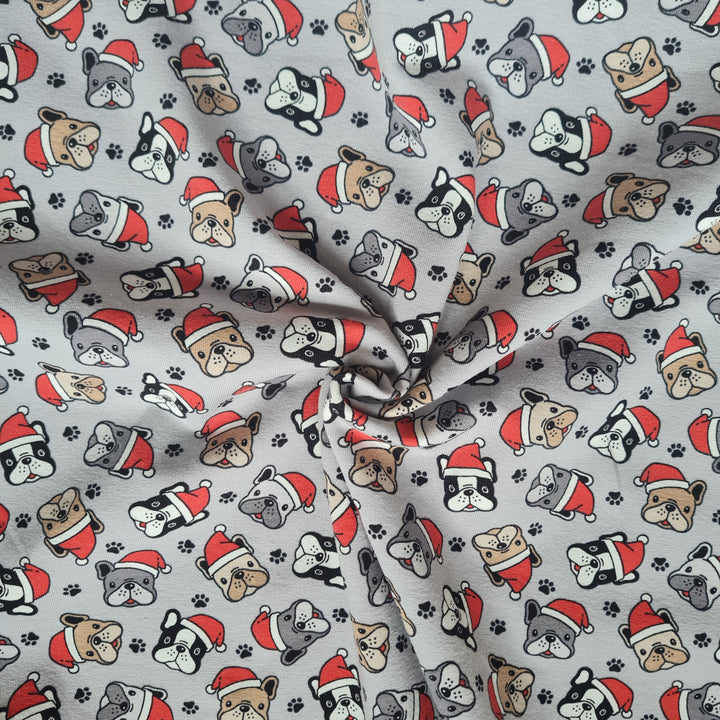 Christmas Pug cotton jersey knit T-shirt, dressmaking Oeko-tex fabric. By the half metre.