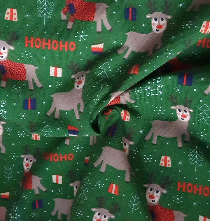 Green Ho Ho Ho Reindeer Christmas cotton jersey knit T-shirt, Oeko-tex fabric. By the half metre.