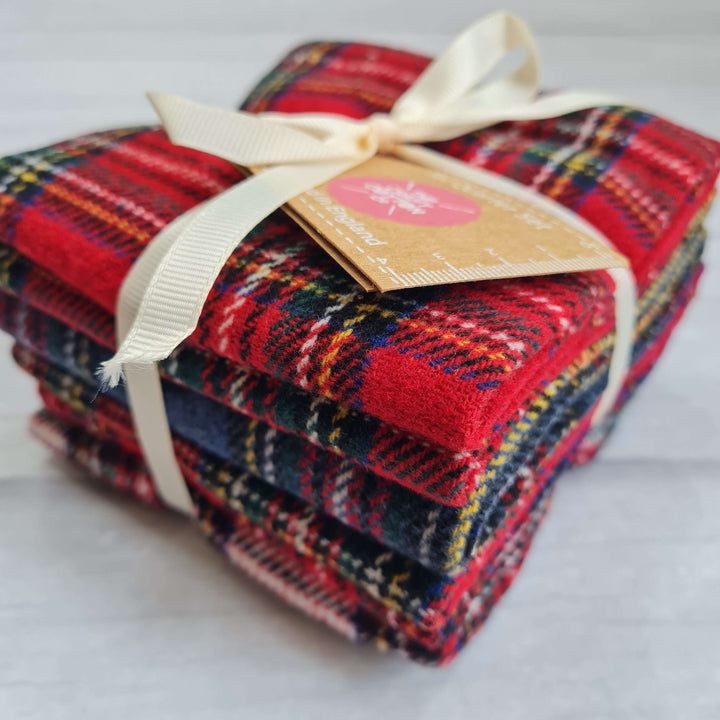 Brushed Poly Wool Christmas tartan fat quarter bundle of 4 cotton quilting fabrics.