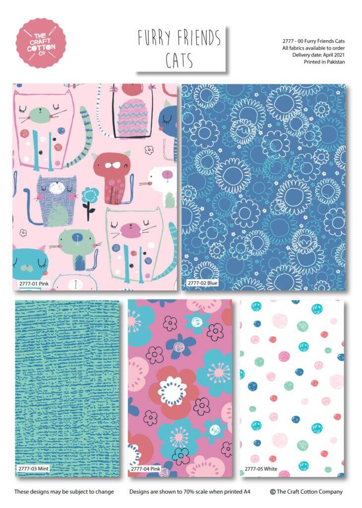 Furry Friends Floral Cats 5 x fat quarter bundle craft cotton quilting fabric ,Pink blue.