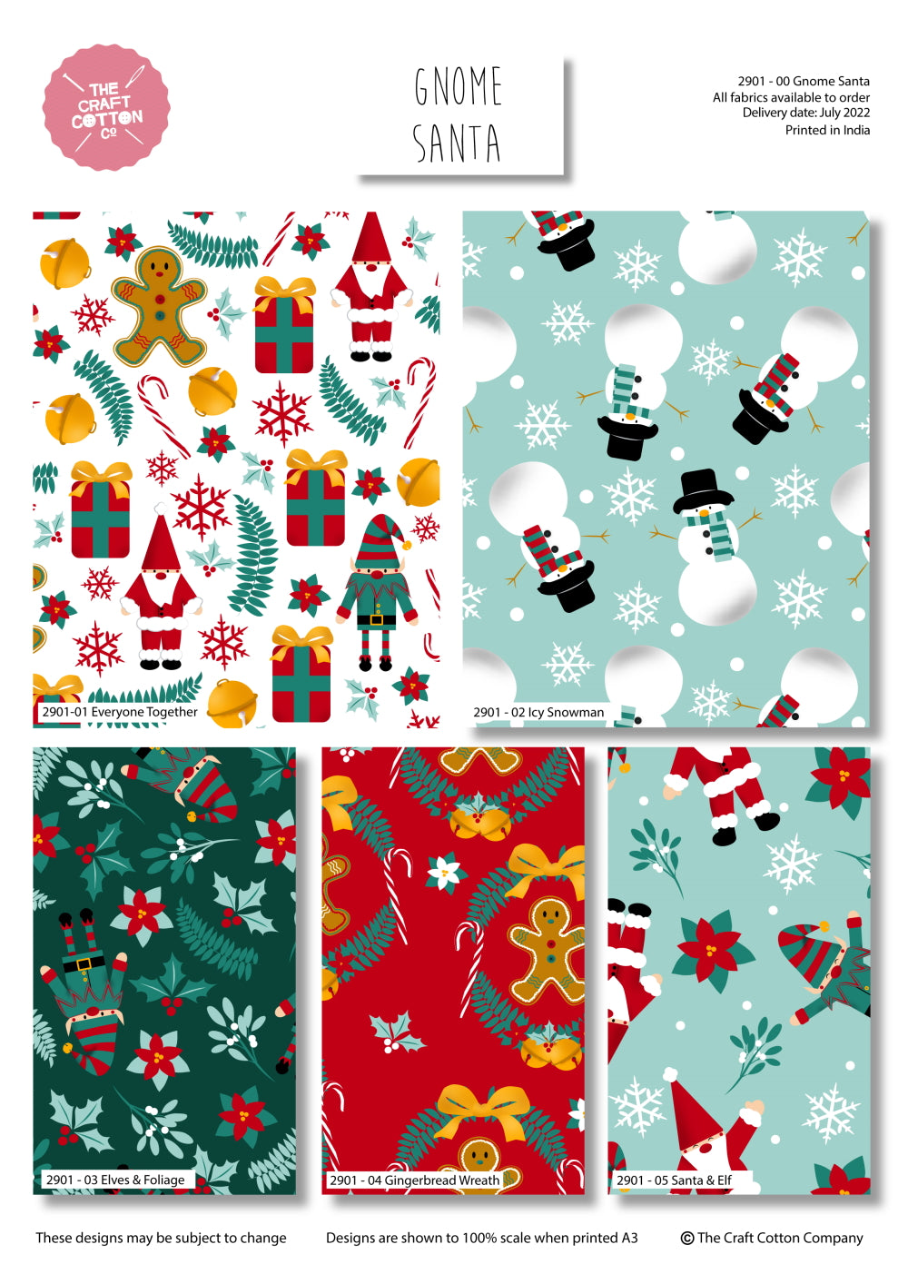 Gnome Santa Christmas fat quarter bundle of 5 quilting fabrics