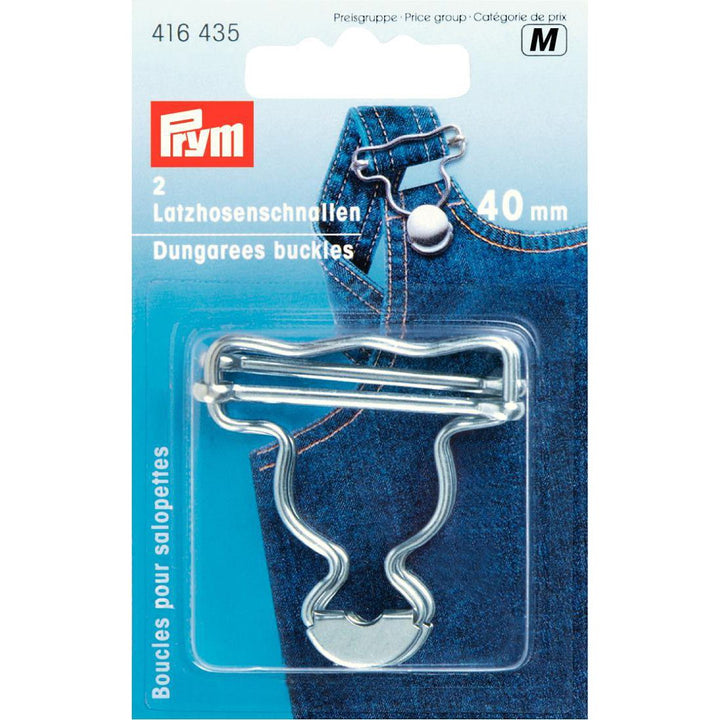 Prym Dungaree Buckles. Silver metal 35 mm and 40 mm. 2pk