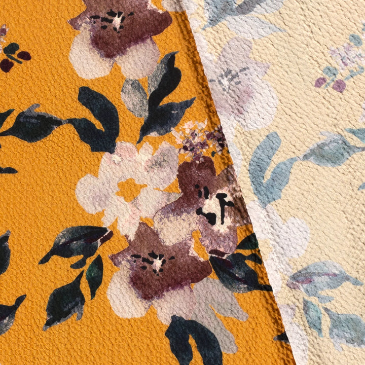 Stretch floral viscose seeksucker crepe fabric 1% Elastane. Ochre 1/2m