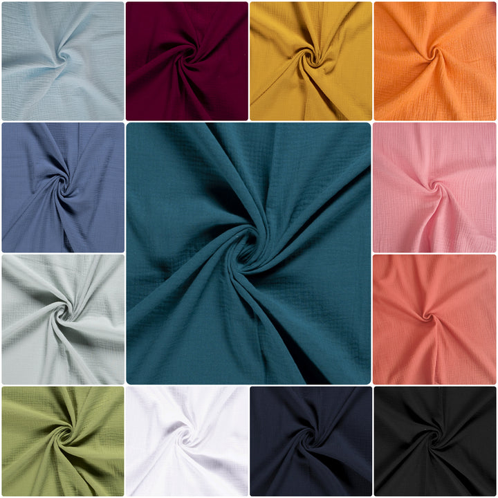 Solid Plain double gauze muslin 100% cotton fabric. Various colours.