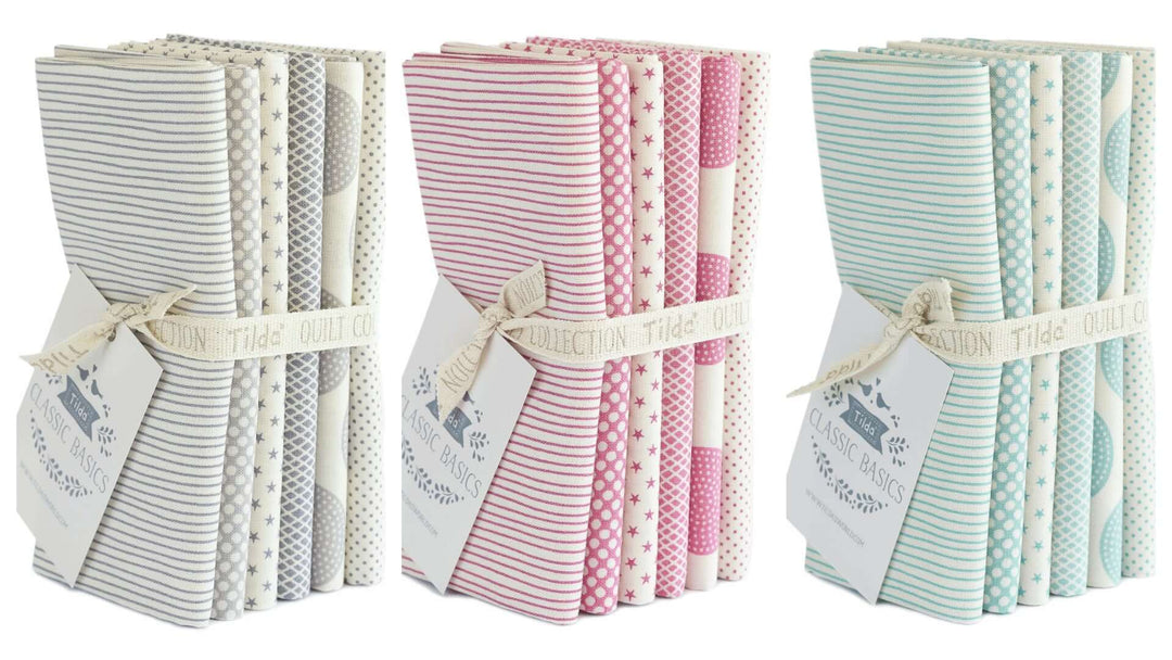 Tilda Classic Basics cotton fat quarter bundles. Grey, pink, light blue. Quilting cotton fabric.