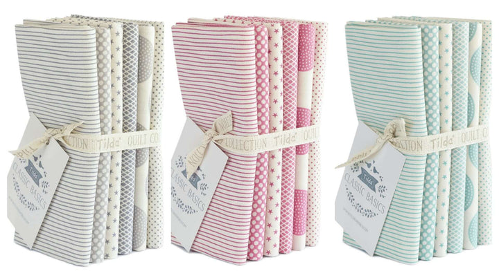 Tilda Classic Basics cotton fat quarter bundles. Grey, pink, light blue. Quilting cotton fabric.