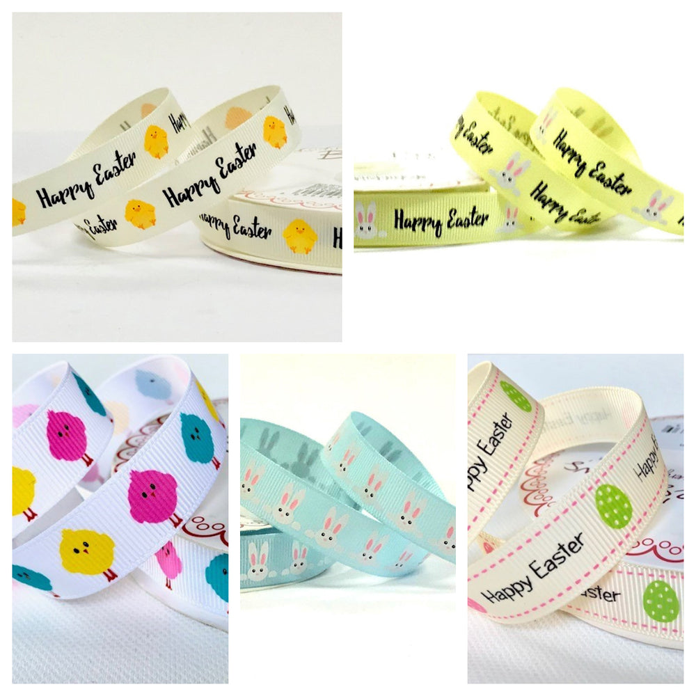 Happy Easter ribbon cotton/ grosgrain ribbon by Bertie's Bows. Per 2m/ 3m roll.