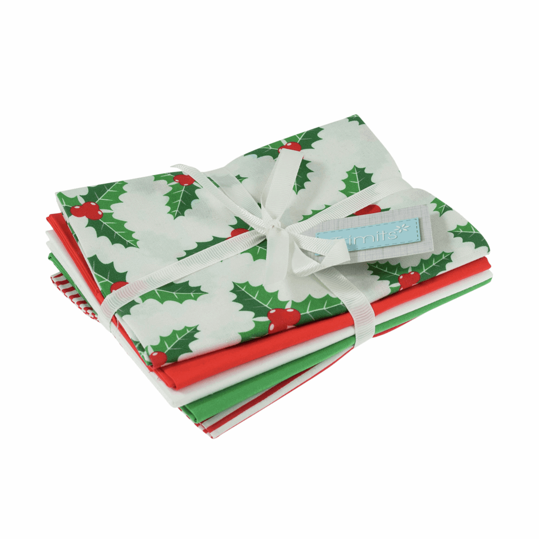 Christmas Classic Holly Fat quarters: bundle of 5 cotton quilting fabrics. Trimits