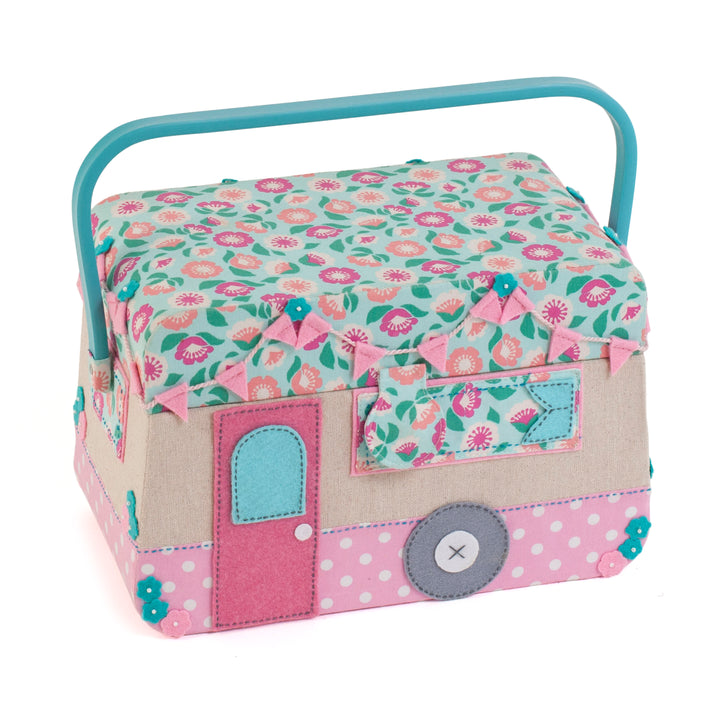 Novelty Caravan sewing box (20.5 x 31 x 16cm.). With lift out compartment.