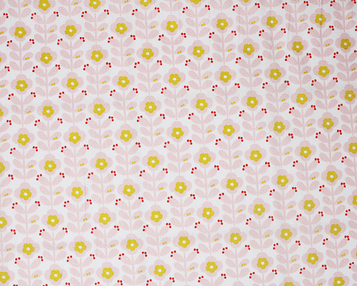 Orla Poppy leaves Poplin 100% cotton fabric, by the half metre.. Pink retro floral fabric.