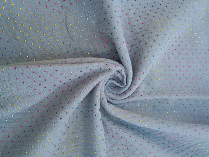 Metallic Spot Cotton Double Gauze Muslin dress fabric x half metre increments. Mint, silver