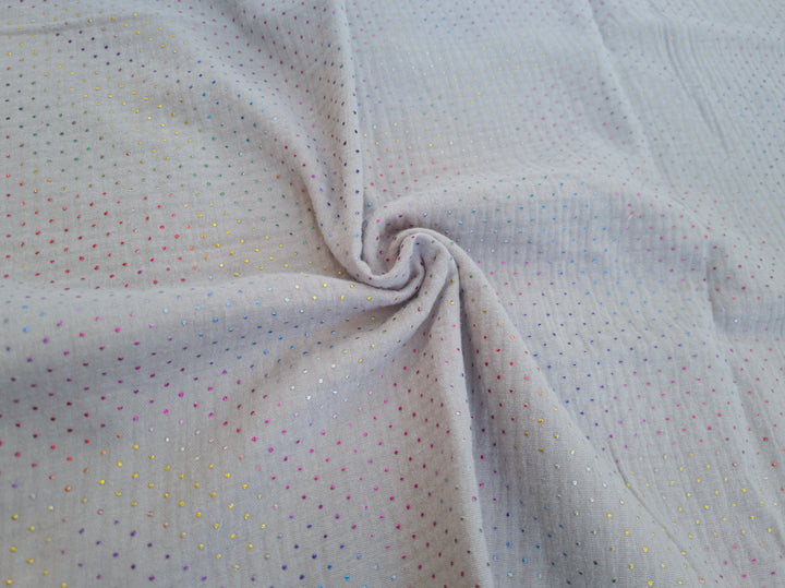 Metallic Spot Cotton Double Gauze Muslin dress fabric x half metre increments. Mint, silver