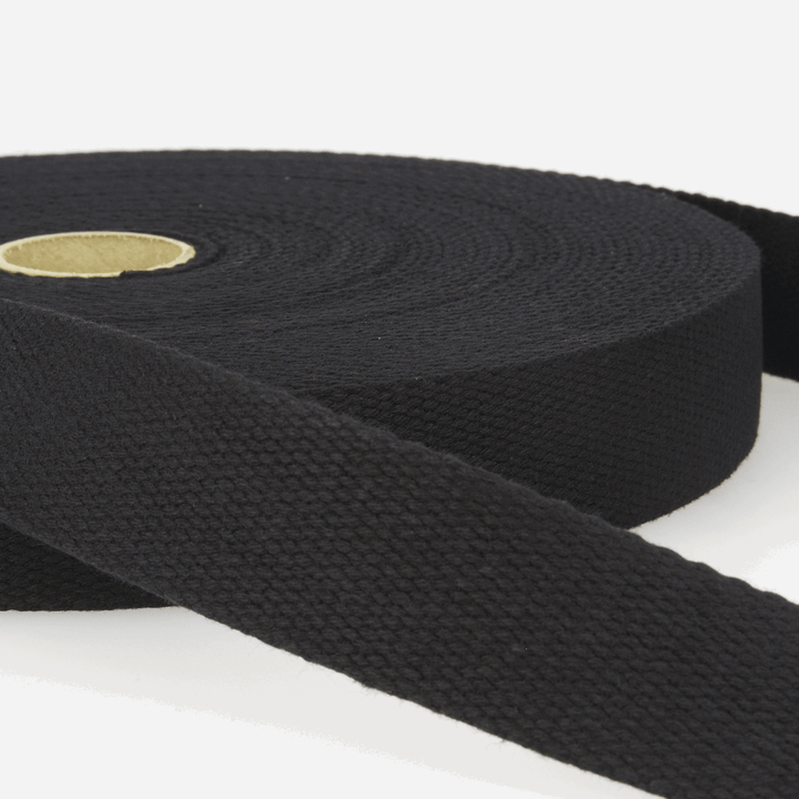 Solid Plain Cotton Webbing: 25 mm wide bag strapping. 20 colours. Per metre.