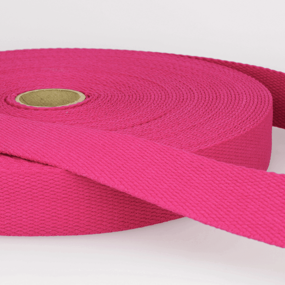 Solid Plain Cotton Webbing: 25 mm wide bag strapping. 20 colours. Per metre.