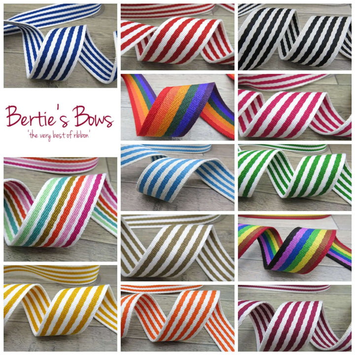 Bertie's bows 38mm striped, rainbow bag strapping/webbing: various colours. Per metre.