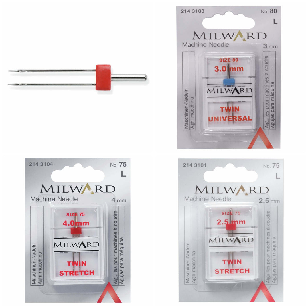 Twin sewing needles: universal 80/12 3 mm and stretch 75/11 2.5 mm and 4 mm. Milward