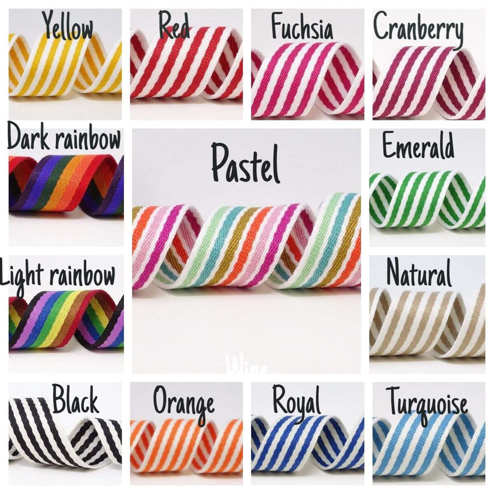 Bertie's bows 38mm striped, rainbow bag strapping/webbing: various colours. Per metre.