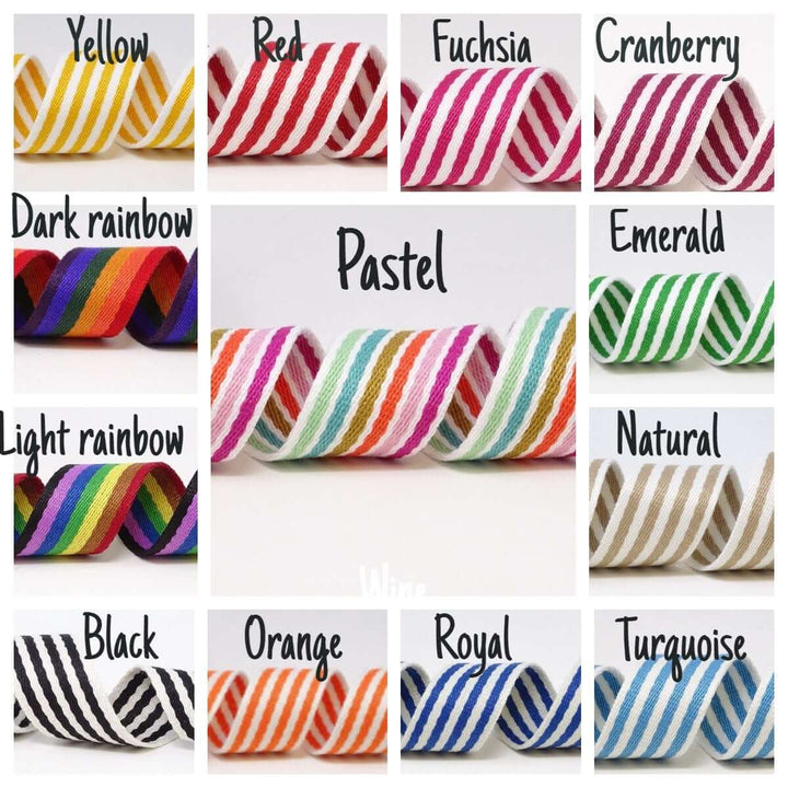 Bertie's bows 38mm striped, rainbow bag strapping/webbing: various colours. Per metre.