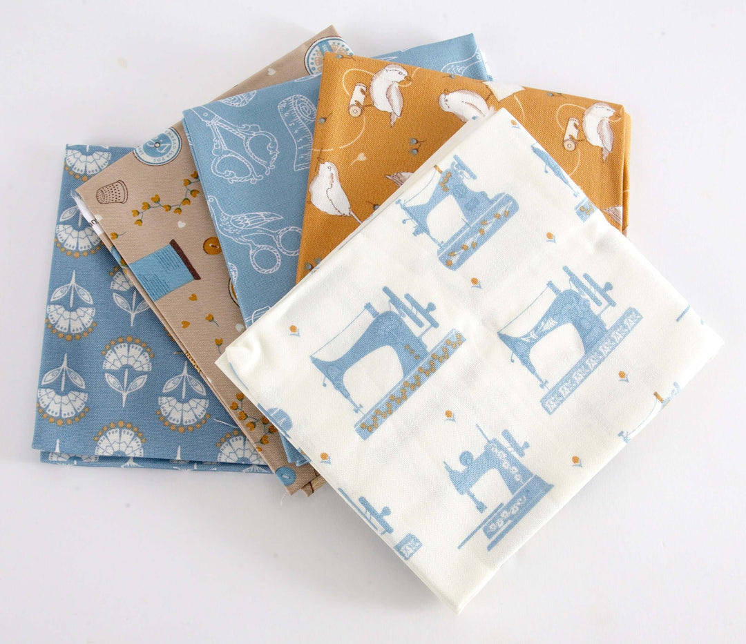 Birds and Bobbins fat quarter bundle of 5 quilting and craft cotton Fabrics. Debbie Shore