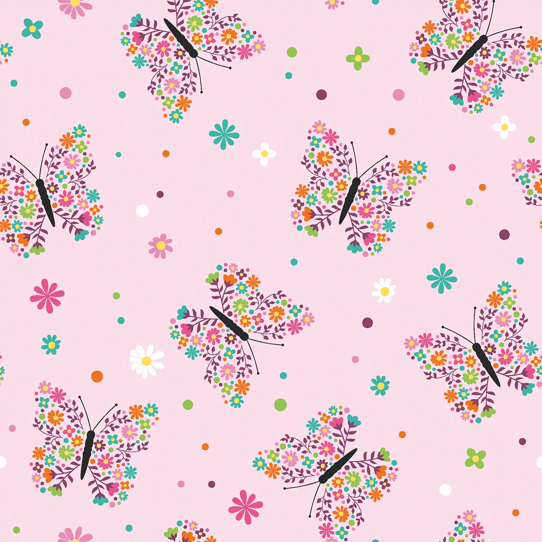 Tricot floral butterfly stretch cotton jersey knit fabric, by the half metre. Pink.