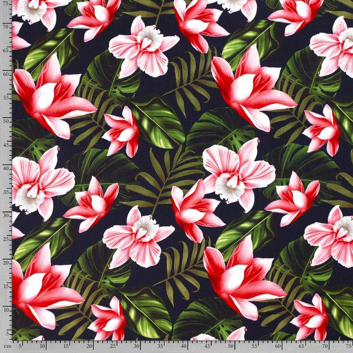 Tropical floral 100% Viscose crêpe dress fabric by the half metre. Navy blue.