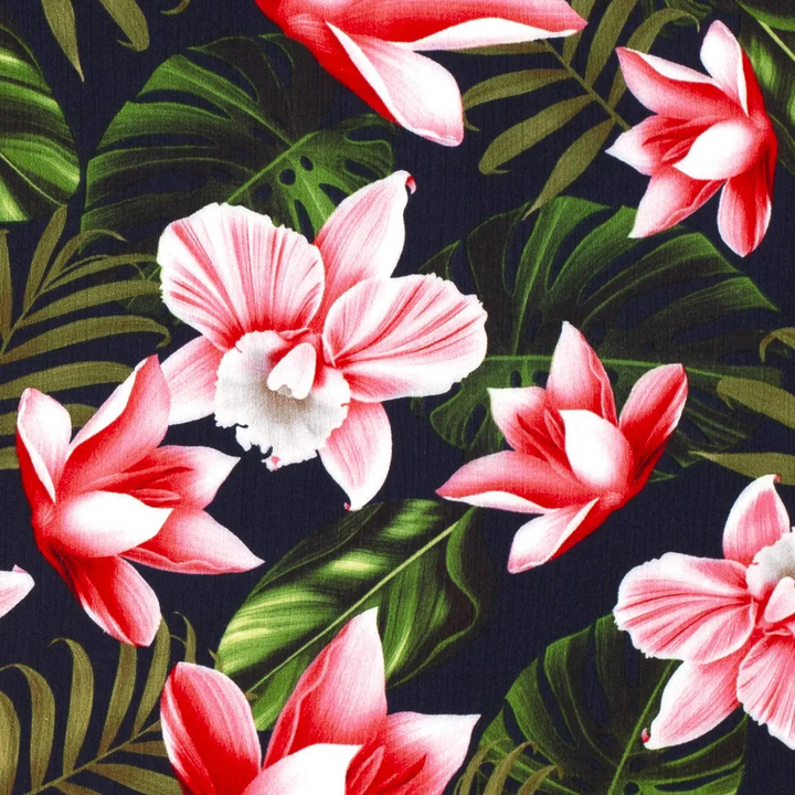 Tropical floral 100% Viscose crêpe dress fabric by the half metre. Navy blue.