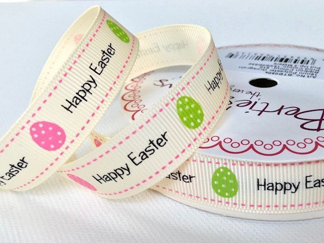 Happy Easter ribbon cotton/ grosgrain ribbon by Bertie's Bows. Per 2m/ 3m roll.