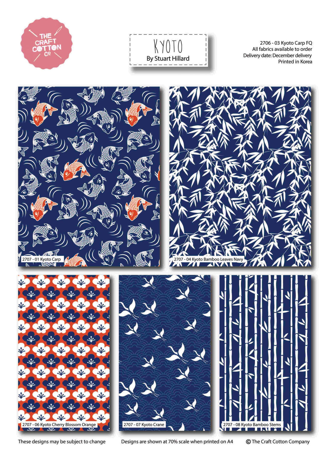 Kyoto Blossom entire range by the fat quarter. Stuart Hillard. Blues, greens, floral, Japanese inspired.