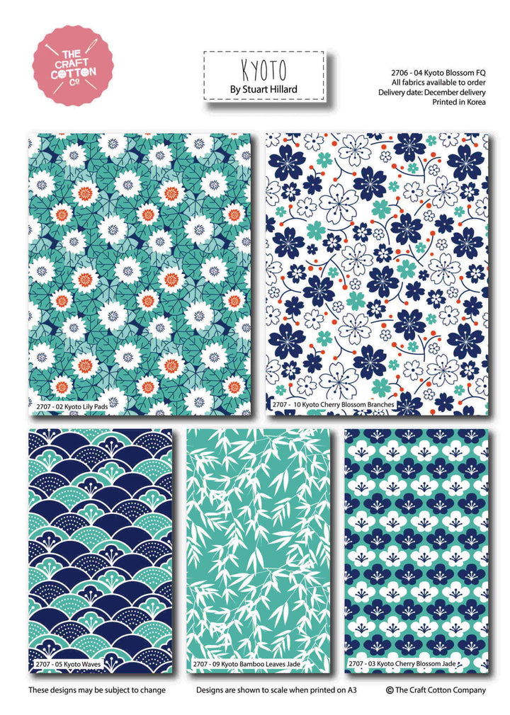 Kyoto Blossom entire range by the fat quarter. Stuart Hillard. Blues, greens, floral, Japanese inspired.