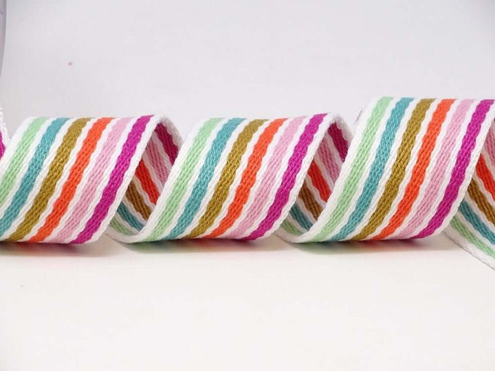 Bertie's bows 38mm striped, rainbow bag strapping/webbing: various colours. Per metre.