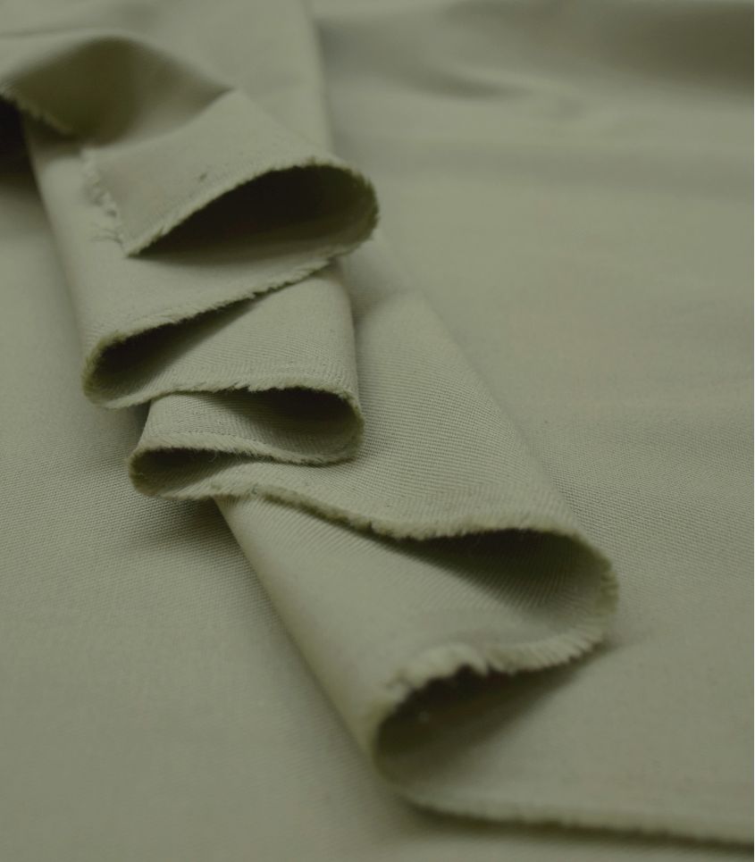 Ice brown/ Verbena/ Khaki green cotton gabardine twill. By Cousette, France. Per 1/2m